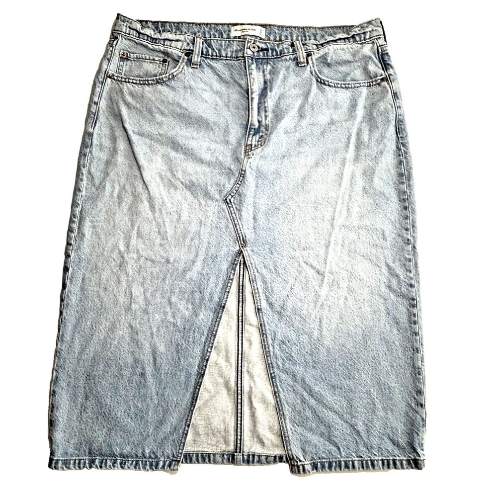Abercrombie & Fitch High Rise Denim Midi Jean Skirt Front Slit Size 33/16